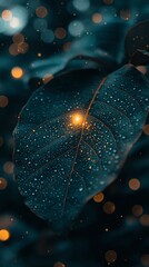 Sparkling dew drops on a dark leaf amidst bokeh lights.