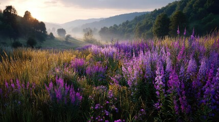 Fototapeta premium Blooming flowers in meadow with glowing paradise dreamlike nature concept. Vibrant field of purple flowers under a serene morning sky.