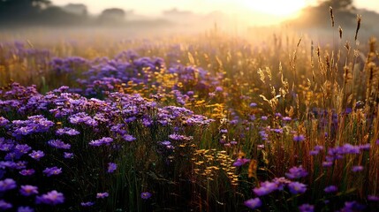 Naklejka premium Blooming flowers in meadow with glowing paradise dreamlike nature concept. A vibrant field of purple flowers illuminated by the sunrise.
