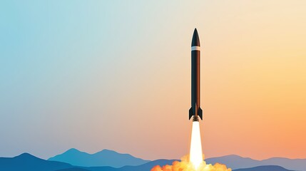 Rocket Launch Against a Colorful Sky with Mountains in the Background