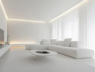 A modern living room featuring all white interior design