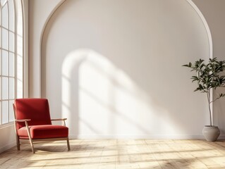 Red Armchair Placed in a Room with Strong Sunlight and Shadows