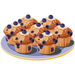 Warm baked muffins with juicy blueberries isolated vector illustration on white background