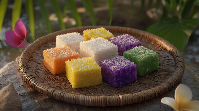 A woven tray holds an assortment of colorful kueh getuk lindri, traditional Indonesian cassava cakes