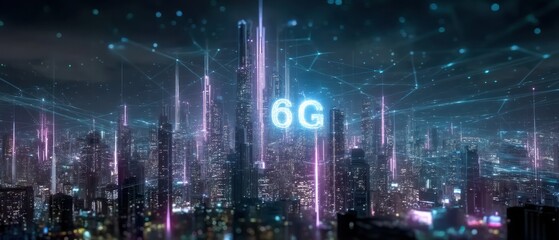 Futuristic 6 g network cityscape at night