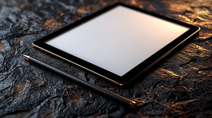 Sleek black tablet computer rests on a dark surface, beside a writing instrument.