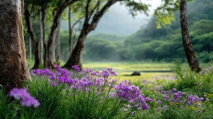 Obraz premium Blooming flowers in meadow with mystical tropical landscapes concept. A serene view of purple flowers among lush greenery and trees.