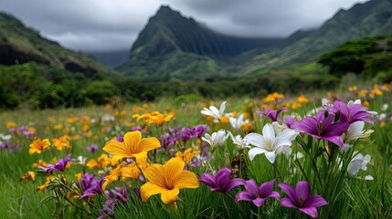 Obraz premium Blooming flowers in meadow with mystical tropical landscapes concept. Vibrant wildflowers bloom in a lush green landscape with mountains.