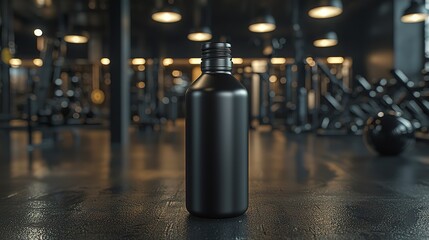 Matte black gym water bottle stands out against gym equipment.