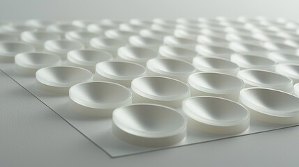 Close-up view of a sheet of  round, concave  adhesive pads.