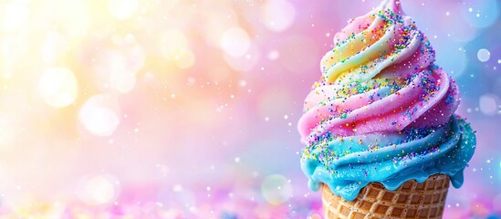 Vibrant rainbow ice cream sundae in a waffle cone.