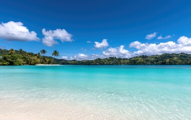 Naklejka premium Serene Tropical Beach with Crystal Clear Water and Blue Sky