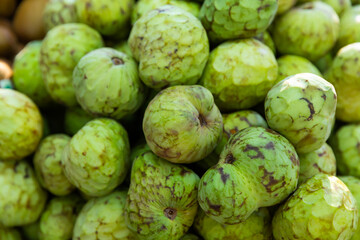 Fototapeta premium Fresh delicious cherimoya, put up for sale on the counter in the store