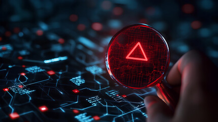 System engineer identifying problem in computer network system. Red triangle with exclamation mark and many other checkmark icons. Hand holding magnifying glass