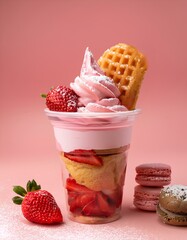 An individual plastic container with strawberry ice cream, dough balls and powdered sugar is located on a pink background.