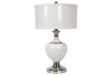 PNG Elegant white ceramic table lamp with silver accents and fabric shade