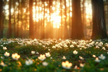 Obraz premium Sunlight filtering through tall forest trees illuminating a carpet of small white flowers in a peaceful woodland setting