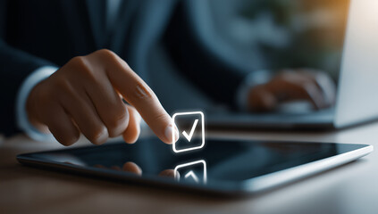 Naklejka premium Businessperson Using Tablet Computer, Digital Check Mark, Online Approval, Project Management, Modern Workplace