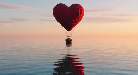 Fototapeta premium Heart shaped hot air balloon floating over water at sunset romantic getaway