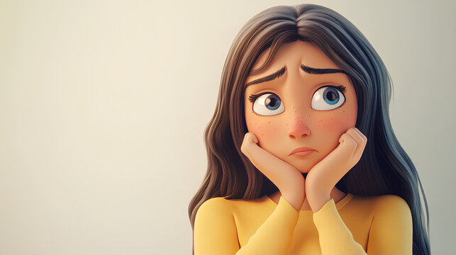Thinking upset sad bored Indian cartoon character young adult woman girl person portrait in 3d style design on light background. Human people feelings expression concept