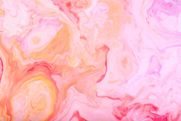 Fototapeta premium Abstract Marble Texture in Pink Orange and Yellow Swirls, Fluid Art Background with Pastel Colors