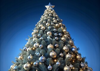 Majestic Tall Christmas Tree Decorated with Silver and Gold Ornaments