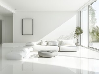 Modern minimalist living room with white furniture and sunshine