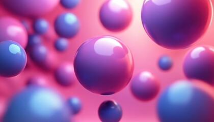 A collection of shiny pink and blue spheres floating against a soft pink background creating a futuristic and vibrant atmosphere