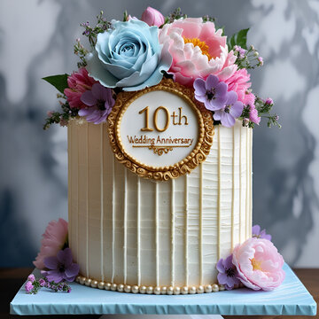 Elegant 10th Wedding Anniversary Cake with Pastel Flowers and Golden Accents