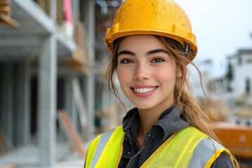 Young woman smiling confidently wearing a yellow construction hard hat and reflective safety vest at a building construction site