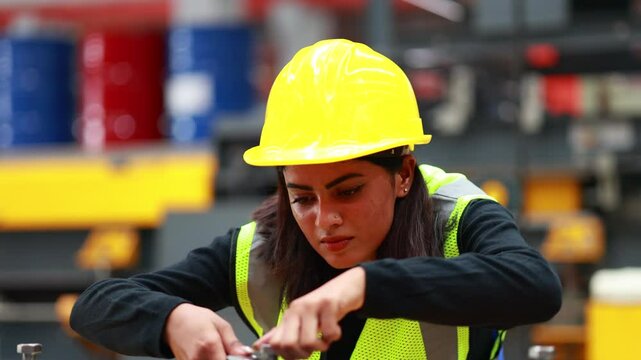 maintenance and service factory : indian female Professional Mechanical Engineer in safety hardhat Working Maintenance sheet metal roof tile roll forming machine at industrial manufacturing factory