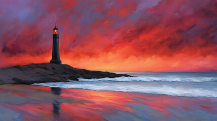 Fototapeta premium Majestic Lighthouse at Sunset with Dramatic Sky and Reflections