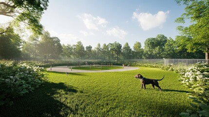 Dog park, happy labrador, green grass, sunny day, fenced area