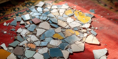 Fototapeta premium Scattered broken ceramic tiles of various colors including blue, yellow, white, and brown spread across a red textured surface, illuminated by soft natural light
