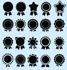 Diverse set of black and white award-like shapes, featuring ribbons and various forms.  These shapes are suitable for use as icons, badges, or decorative elements in a design.