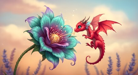 Fototapeta premium Red dragon with fantasy flower cartoon illustration for children project