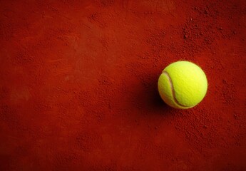 Vibrant Yellow Tennis Ball on a Red Clay Surface Background