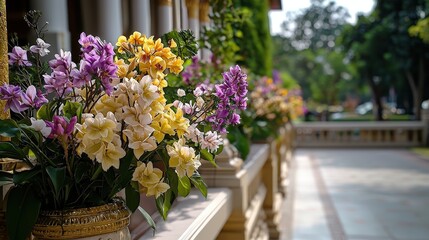 Colorful floral arrangements adorning a serene temple corridor thailand photography daylight close-up beauty