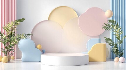 Fototapeta premium Pastel Product Display Podium: 3D Render of Modern Minimalist Stage with Geometric Shapes & Tropical Plants for Marketing Presentation