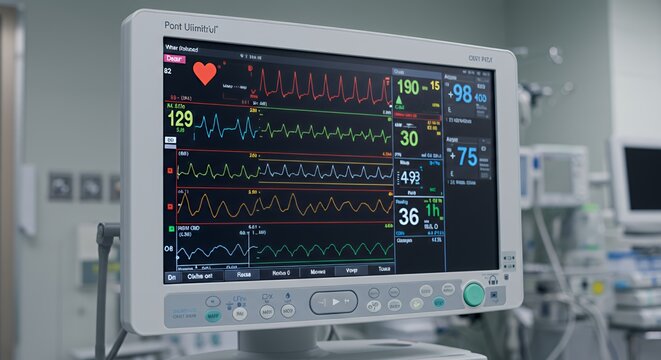 Medical Monitoring Equipment: Vital Signs Display on Patient Monitor in Hospital Room