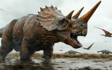 Fototapeta premium Powerful Triceratops Roaming in a Prehistoric Landscape
