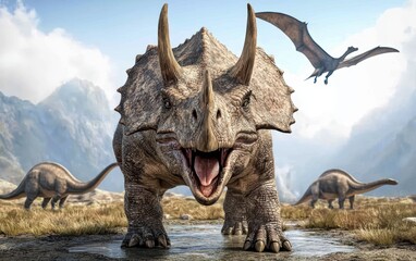 Fototapeta premium Majestic Triceratops in a Lush Prehistoric Landscape with Pterodactyls