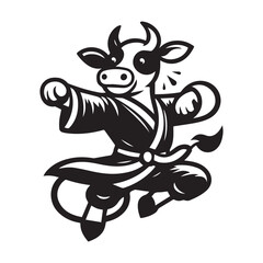 Martial Arts Cow Logo – Jump Kick Action Vector Mascot
