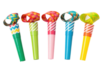 PNG Colorful party blowers with vibrant patterns for celebrations