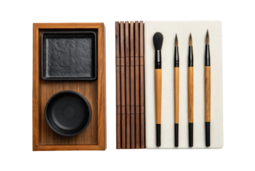 PNG Traditional asian calligraphy set with brushes and ink stone