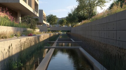Modern apartment complex water feature, sunny day