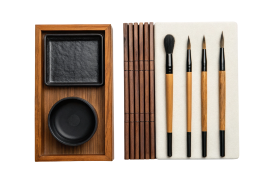 PNG Traditional asian calligraphy set with brushes and ink stone