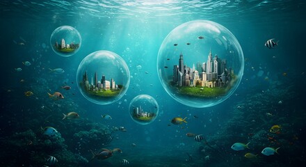 Underwater city in bubbles conceptual environmental conservation image