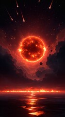 Fiery Orange Sun Setting Under Dark Starry Sky and Cosmic Imagery