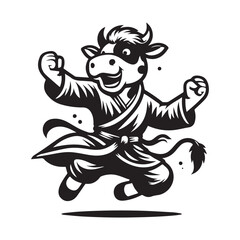 Fototapeta premium Leaping Cow Fighter Logo – Powerful Kungfu Animal Character Design